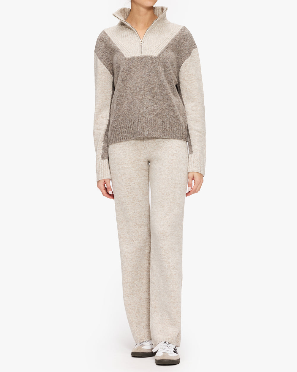 Monrow Wool Cashmere Marled Color Block Half Zip Sweater