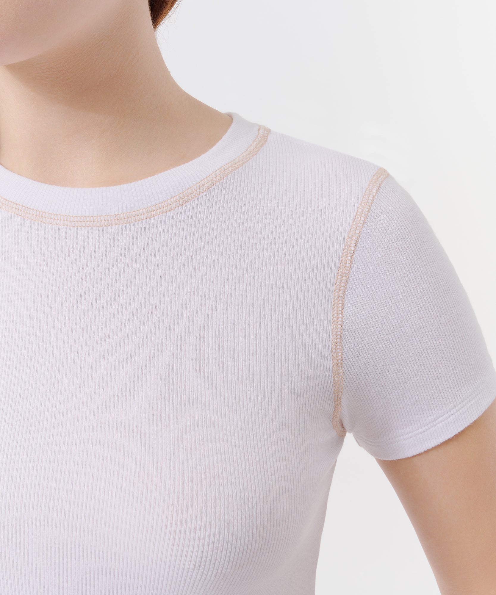 Modal Rib Contrast Stitch Top - White/ Clay