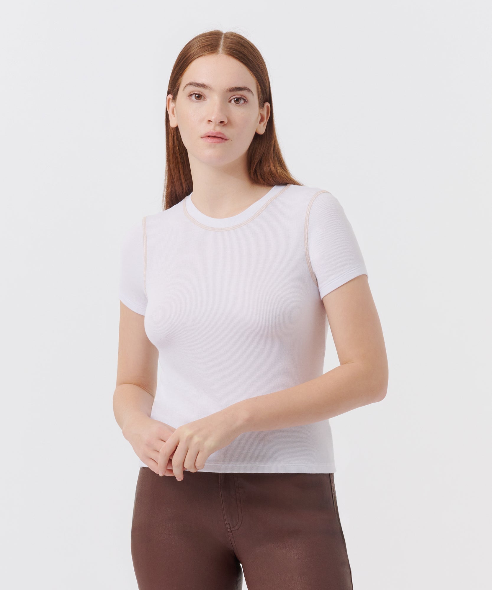 Modal Rib Contrast Stitch Top - White/ Clay