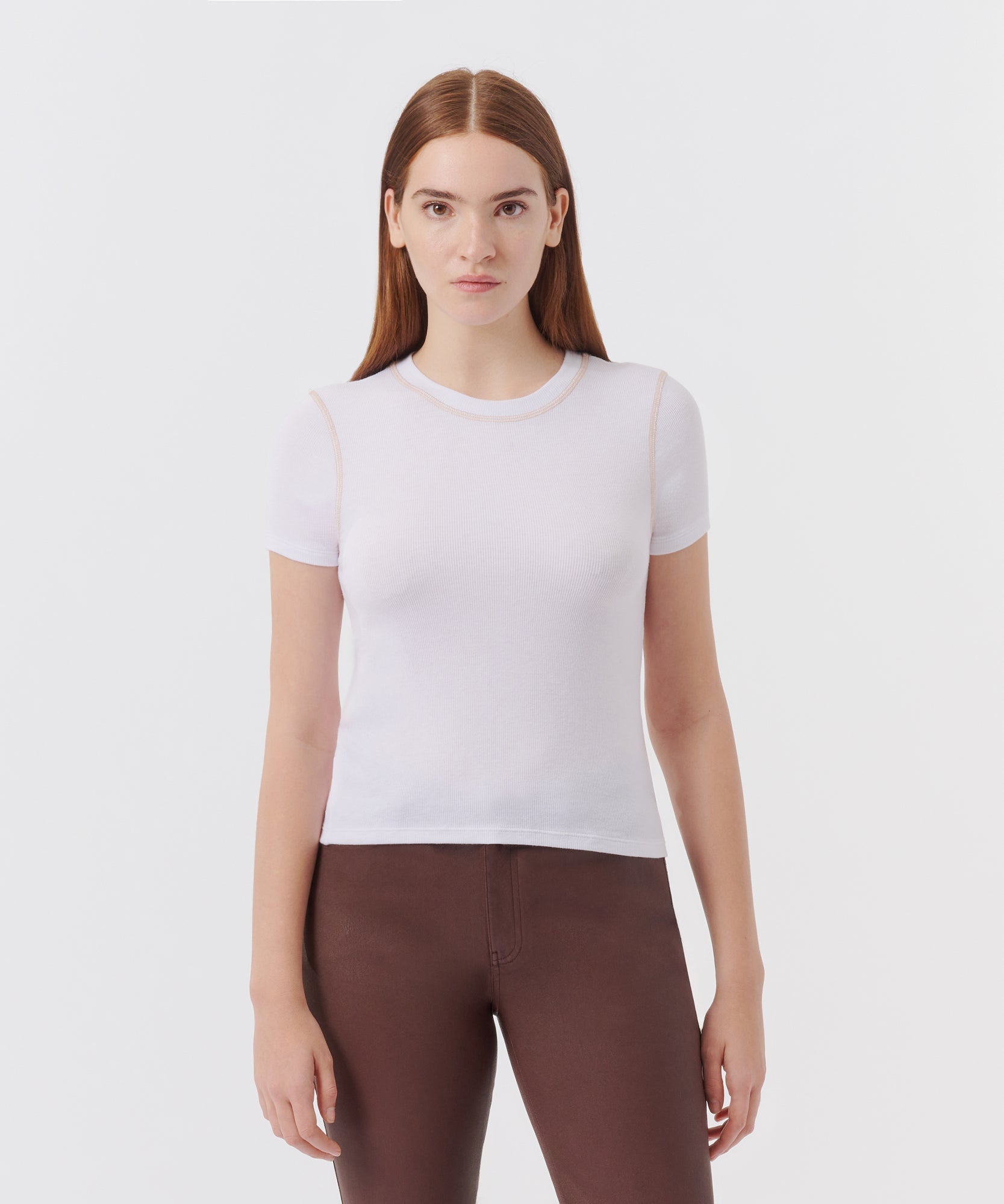 Modal Rib Contrast Stitch Top - White/ Clay